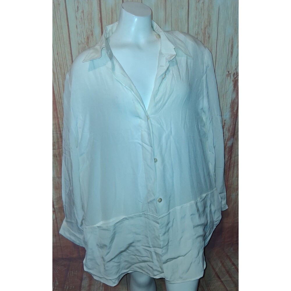 Diane Gilman Cream Long Sleeve Button Up Silk Blouse Sz 1X